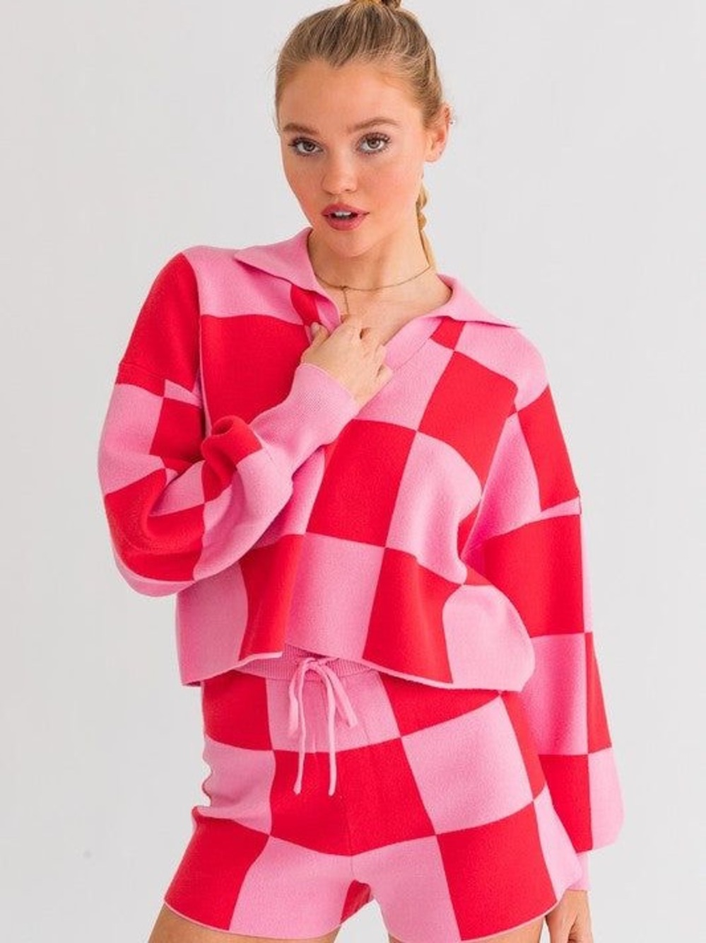 Le Lis Pink and Red Checker V-Neck Polo Sweater